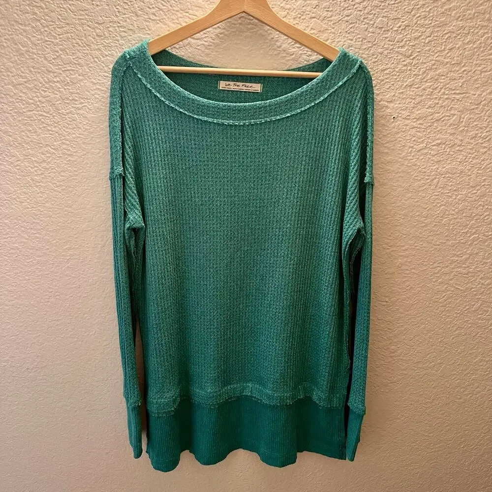 Free People We The Free Waffle Knit Thermal Long Sleeve Top Teal Green XS Boho - Picture 2 of 11